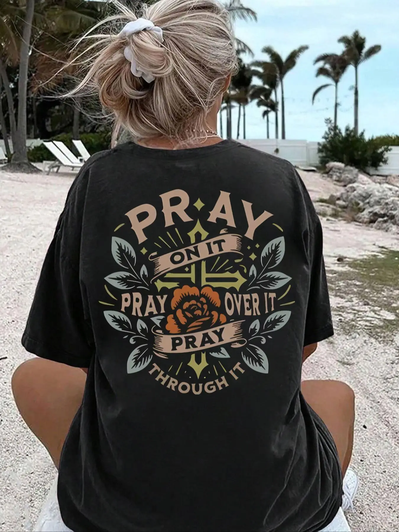 Women's Floral & Letter Print Drop Shoulder Tee, Casual Basic Fitted Half Sleeve Round Neck T-shirt for Summer, Graphic Tees Women, Women's Top for Da