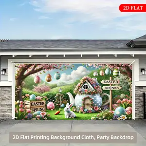 1pc Easter Party Decoration Banner - Extra Large 71x157 Inches (180x400cm) Pastel Easter Eggs, Bunny Cottage & Floral Spring Backdrop - No Electricity Needed, Lightweight Polyester Fabric for Indoor/Outdoor Easter Party Decorations, Photo Booth