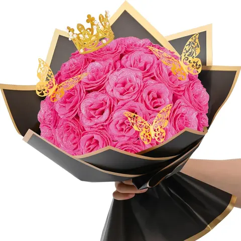 24 Pcs Glitter Roses Bouquet, Valentine's Day Gift Mother's Day DIY Fake Flowers Bouquet, Hot Pink Artificial Bouquets Mixed Flower, Valentines, Anniversary, Engagement, Wedding ,Christmas Decoration, Bouquet Arrangement, Bouquet Decorations