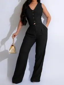 Two-Piece Set Women's Solid Button Front Tie Back Waistcoat & Pocket Pants Set, Business Sleeveless V Neck Top & Trousers for Work Office, Ladies Summer ClothesGift