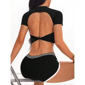 New Cross Knot Sporty Women's Backless Gym Yoga Top Short Sleeve Quick Dry Fitness Workout Clothes Fashion Slim Fit Sports Shirt Gym Tops