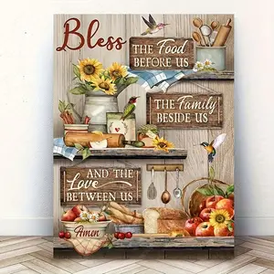 2D 1pc Rustic Wooden Framed Canvas Art Print - "Bless The Food Before Us" Kitchen Wall Decor with Fresh Apple & Hummingbird Design, Ready to Hang for Living Room & Bedroom, Kitchen Decor