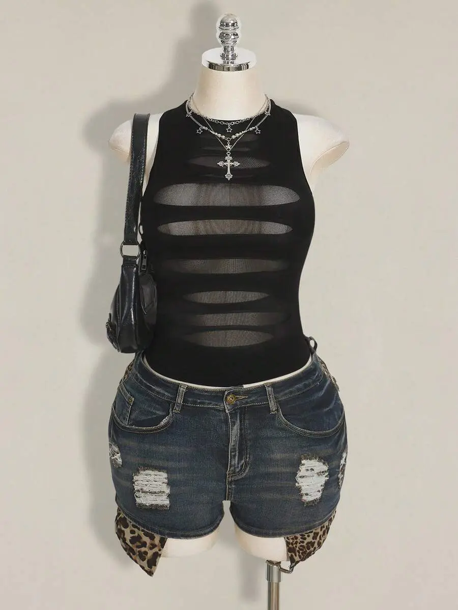 Plus Size Y2K Sheer Distressed Sexy Camisole Top Gothic Top Mesh Tops For Women Black See Through Top Black Sexy Tops Black Mesh Top
