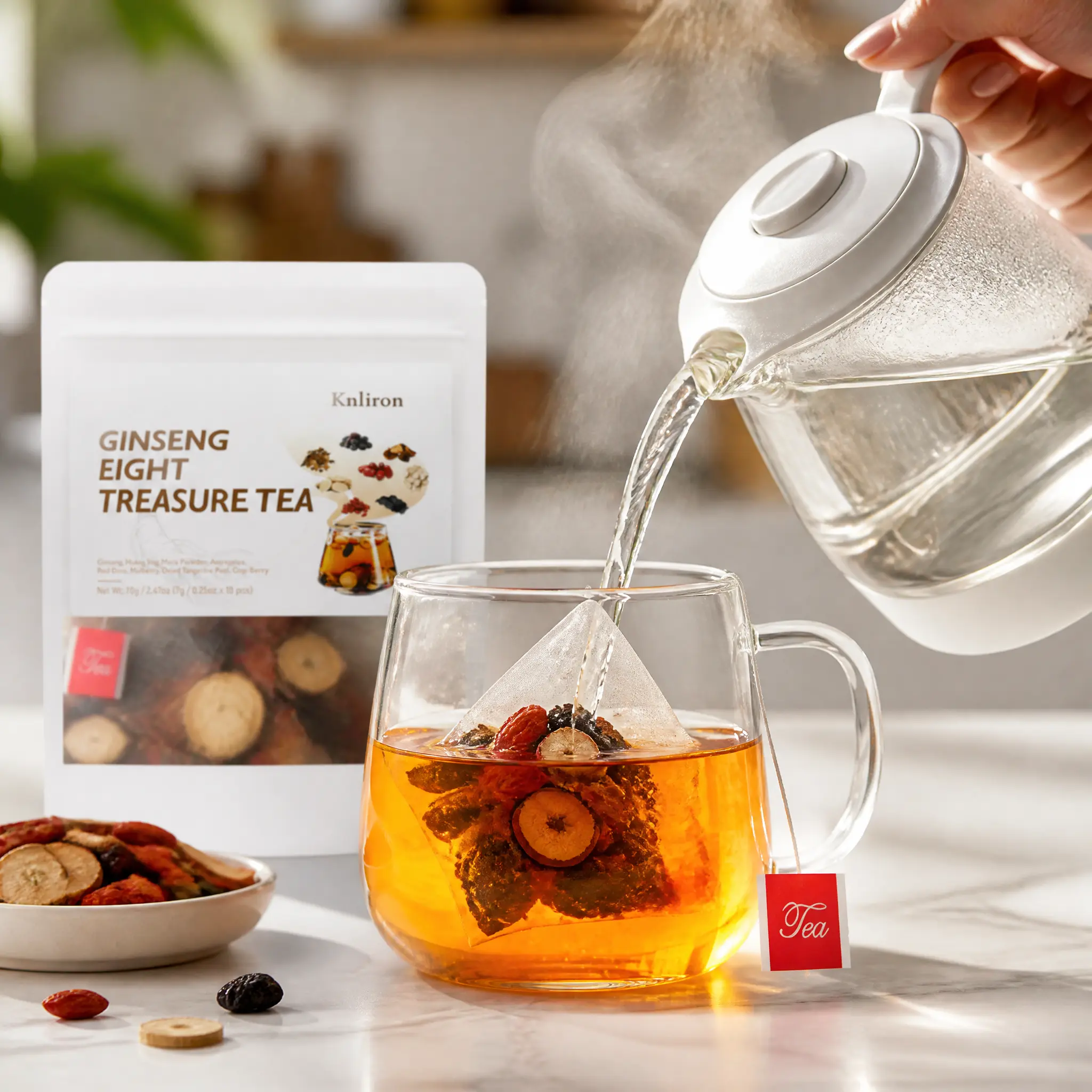 Ginseng Eight Treasure Tea Herbal Wellness Blend with Red Dates Goji & Maca Smooth Daily Tea Bags