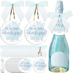 50 Set Pop Bottle Tags, Champagne Baby Shower Favor Labels When Pops Tags with Bows and Ribbon for Party Guest Gifts(Blue)