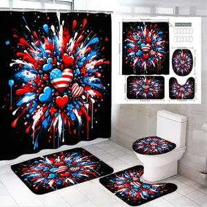 1/4pcs 4th of July Patriotic Bathroom Set, Shower Curtain Sets - Black Shower Curtain with Red White Blue Paint Splashes & American Flag Motif, Matching Black Toilet Seat Cover, Large & Small Bath Mats - Red White Blue Decor for Independence Day Bathroo