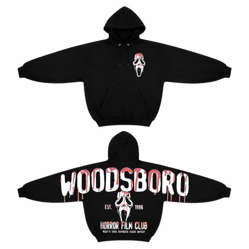 Woodsboro Horror Hoodie, Ghostface Inspired Sweatshirt, Vintage Slasher Movie Fan Pullover, Spooky Halloween Streetwear