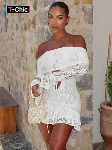 Women's Off The Shoulder Cut Out Floral Lace Dress, Sexy Tie Cuff Tiered Layer Ruffle Hem Short Dress, Women's Clothing for Spring & Fall, Womenswear, Elegant Fit Dress