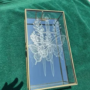 Whimsical Sword & Butterfly Etched Glass Jewelry Box – Gothic Mirror Trinket Display Case – Fantasy Moth Keepsake Box with Floral Engraving
