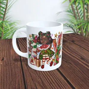 Christmas Ceramic Coffee Mug with Cute Little Black Girl and JOY Wrapped in Christmas Lights - Tumbler, Drinkware