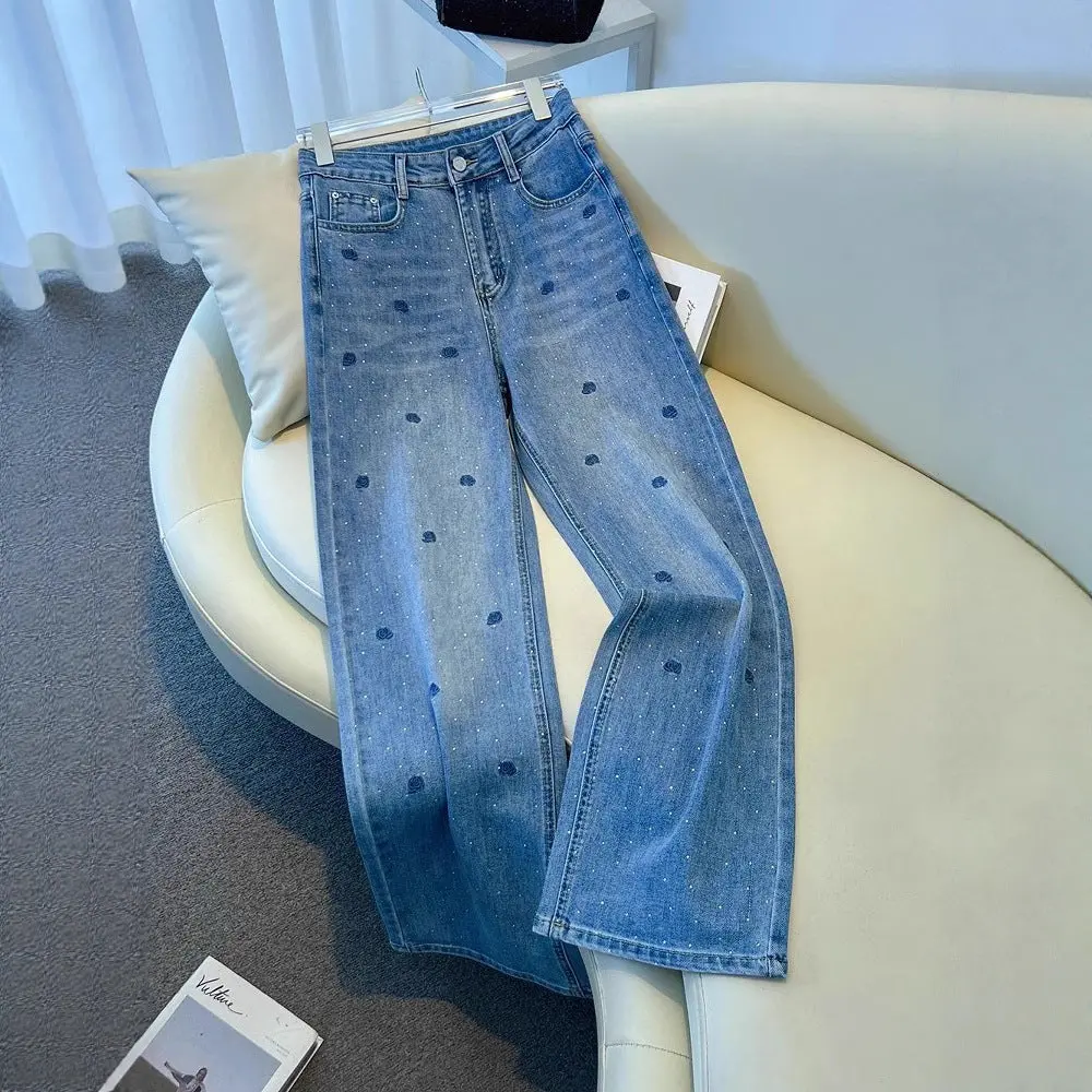 Petal's Vintage Blue Rose Embroidered & Rhinestone-Studded Jeans