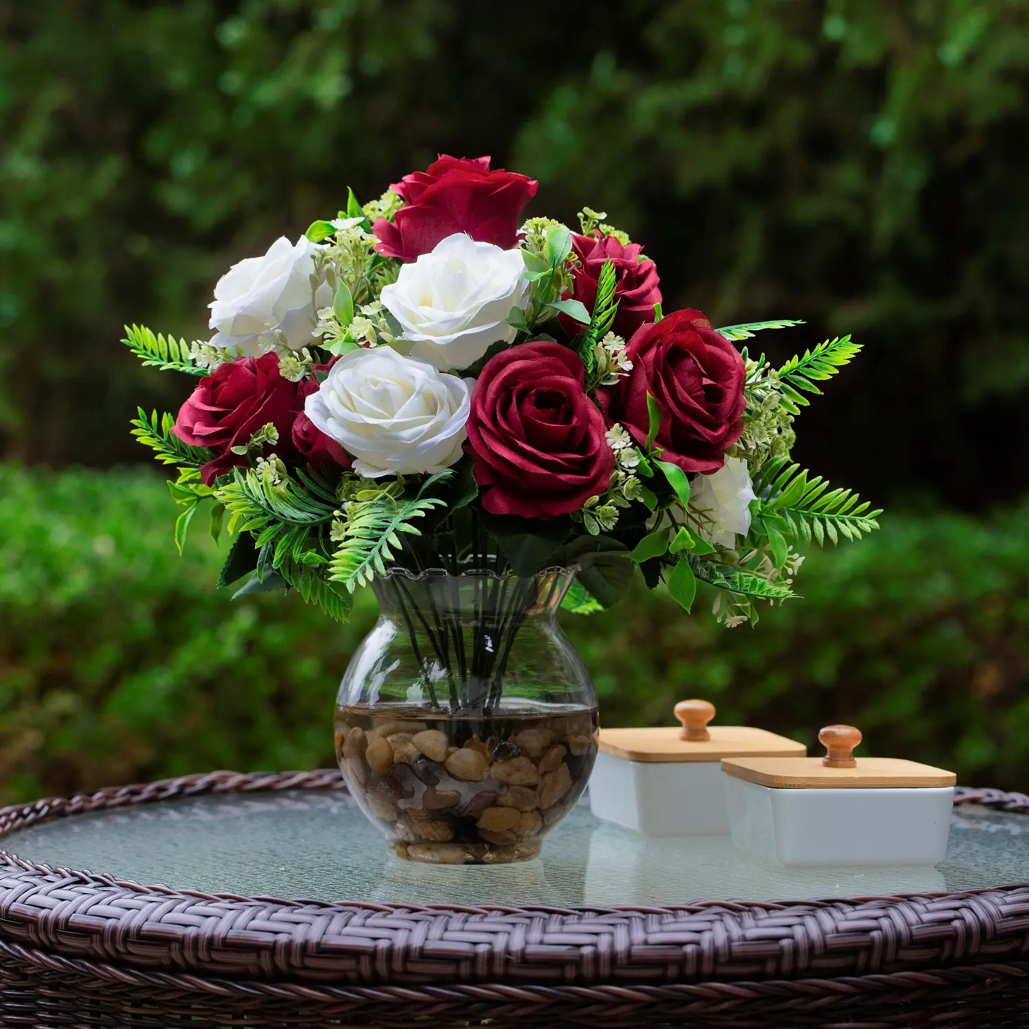 ENOVA FLORAL 18 Heads Silk Rose Artificial Flowers in Vase,Faux Rose Flowers Arrangement in Round Bowl Vase with Faux Water and River Rock for Table Decor Centerpieces