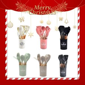 silicone kitchen cooking utensils set, 12pcs/set including spatula, spoon, tongs, whisk, basting brush, cooking utensils set with storage basket, wooden cooking tools , kitchen utensils set, kitchen utensils gadgets, modern kitchen gadgets