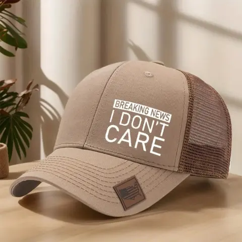 Unisex Bold Statement Slogan "I Don't Care" White Print Baseball Cap - High-Quality Structured Cotton Mesh Back, Sweat-Wicking Curved Brim, Polyester Mix, Adjustable Secure Fit for Outdoor Sports | Men's Accessories, Bold Graphics Hats, Brimmed Cap Hats