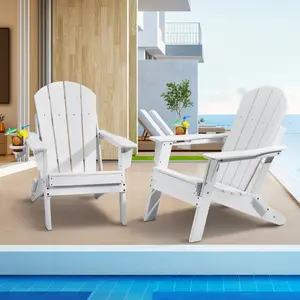 VEVOR Adirondack Chair Plastic, Set of 2 All-Weather Portable Folding Fire Pit Chair, Outdoor Adirondack Patio Chair with Cup Holder, with Relaxing Arm Rest Ergonomic, for Garden, Backyard - White
