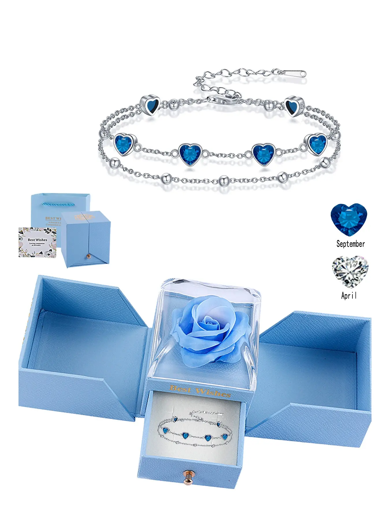 Blue Heart Birthstone Anklet for Women Double Layer Silver Plated Copper Chain, Forever Rose Gift Box, Birthday/Anniversary Jewelry for Her