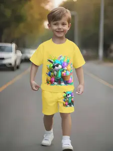 Easter Theme Trendy Rabbit Egg Set, Bright Colorblock Kids Street Style Short Sleeve Shorts, Casual All Seasons, Husky Boy Clothes