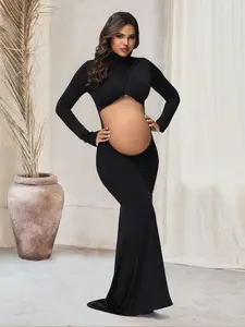 BELLAdresses Pregnant Women's Crossed High Neck Photoshoot Dress, Mermaid Style Long Sleeve Hollow Out Maxi Dress, Suitable For Baby Shower Spring Black