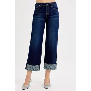 RISEN Full Size Mid Rise Fit Crop Wide With Printed Cuff Jeans Plus Size