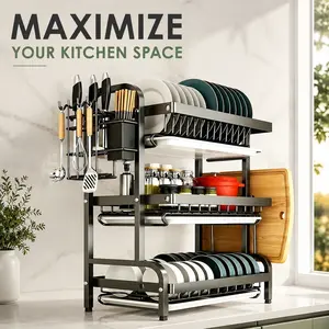 3 Tier Dish Drying Rack with Drainboard, Large Capacity Kitchen Counter Organizer for Plates, Bowls, Utensils and Cutting Board，Kitchen Storage Rack, Carbon Steel Material small
