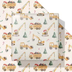 Construction Christmas Wrapping Paper for  Boys Dump  with Santa Hats  Wrap Christmas Trees Design for Winter Decoration Holiday - 20 X 28 Inch Folded Flat (6 Sheets)
