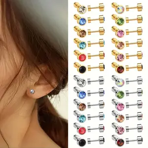 Round Transparent Cubic Zirconia Small Cartilage Earrings, Hypoallergenic Surgical Steel Flat Back Spiral Screw Earrings for Men Women, Tragus Puncture Piercing Earrings