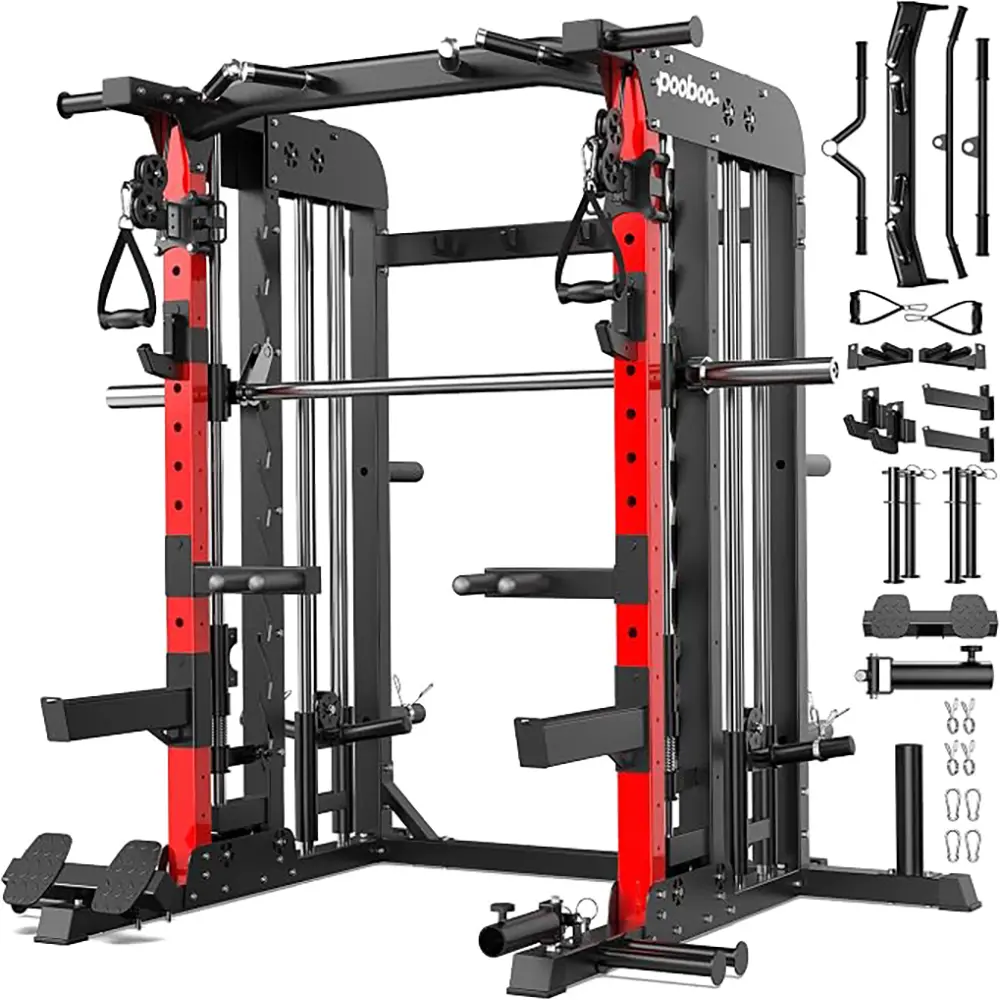 pooboo Power Cage Smith Machine with 2000LB Squat Rack Cable System | LAT Pulldown and Dual Pulley Cable Crossover with All-in-One Home Gym Machine, Adjustable Stations and Training Attachments