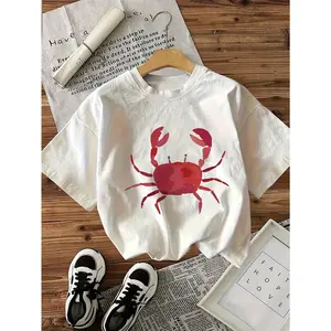 Women's Red Crab Print T-Shirt - Breathable H-Line Loose Fit Short Sleeve Round Neck Top with Tropical Crab Pattern, Beachwear Casual Summer Blouse for Crab Lovers & Seafood Enthusiasts (Spring Summer Fall)