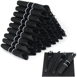 50 Pack Pre Rolled Black Plastic Silverware Set,Wrapped Plastic Cutlery Set with Napkin Include 50 Forks,50 Spoons,50  and 50 Black Napkins for Party,Wedding