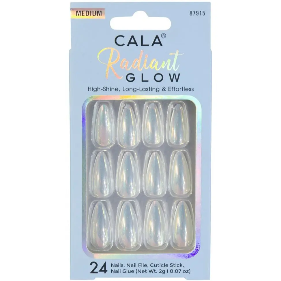 CALA Radiant Glow: White Chrome Almond Press On Nails