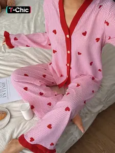 Valentine's Day Elegant Women's Sleepwear Loungewear Set, Heart Pattern V Neck Short Sleeve Top and Long Pants, Lightweight Polyester Homeewear Pajama