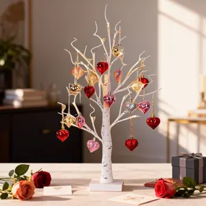 Valentine's Day LED Simulated Birch Tree Light, Glowing Desktop Birch Tree with 18 Heart-Shaped Ornaments, Dining Table Decorative Lighting - Perfect for Home Decor, Birthday Gifts, Wedding Parties