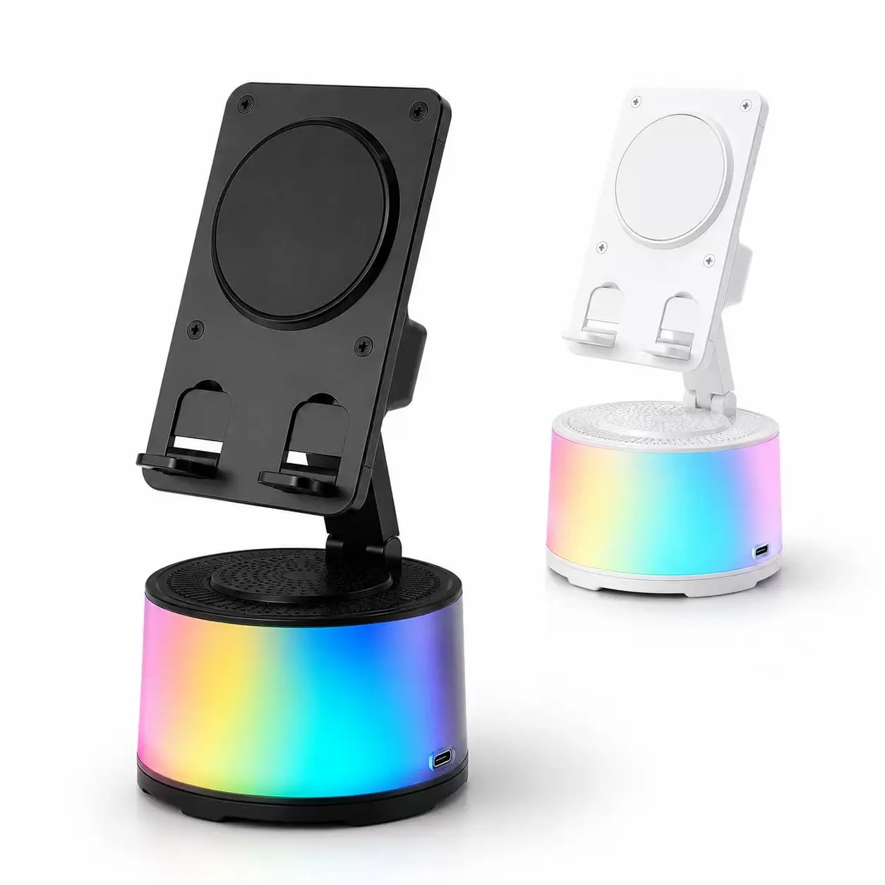 PQRQP Wireless Induction Audio Speaker Stand, 5in1 Cellphone Holder, 3500mAh Rechargeable Emergency Power Bank,360° Adjustable Mobile Tablet Stand with Colorful Ambient Light Gifts for Men Women