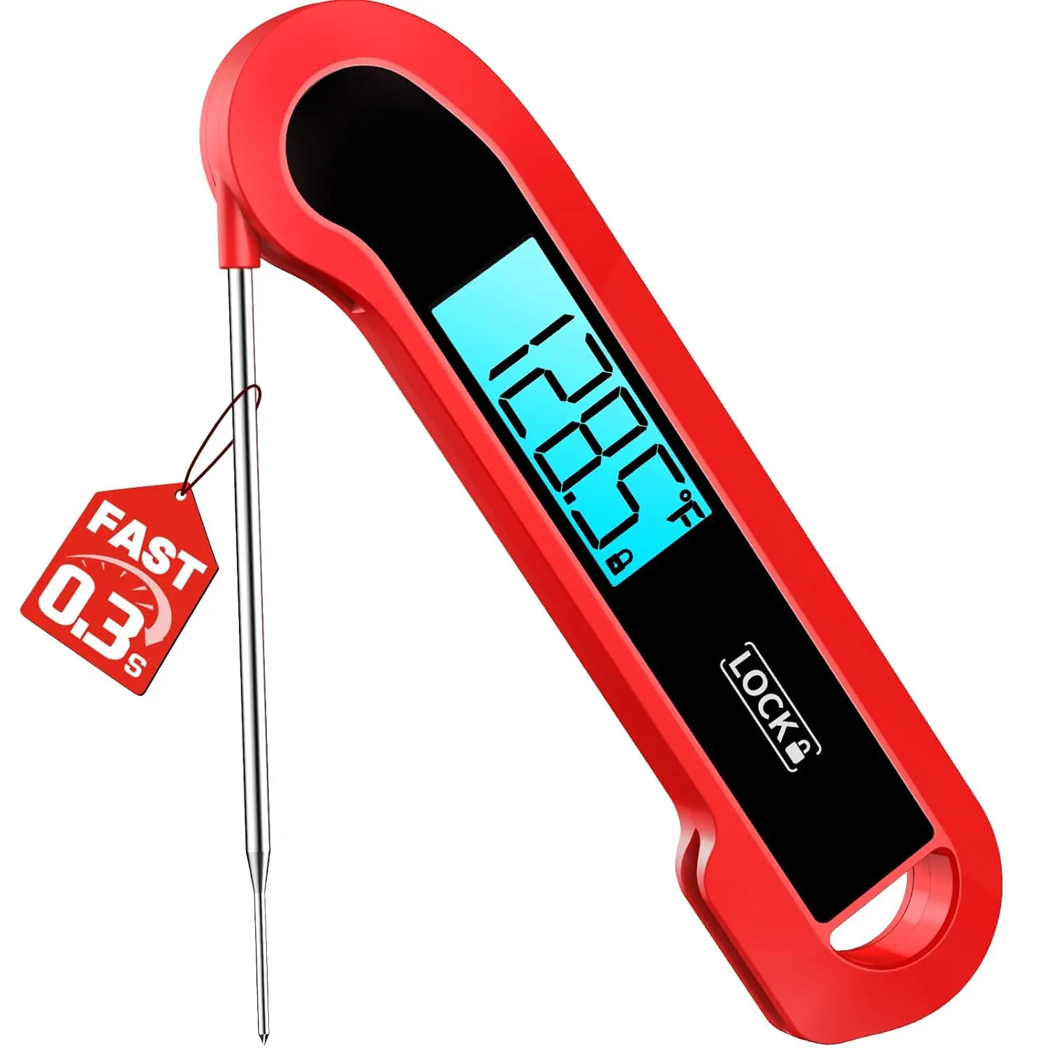 QUSEVOO Digital Instant Read Kitchen Meat Thermometer - 0.3 Sec Response, ±0.5 ℉ Precision, Waterproof Cooking Utensil for Grilling, Red BBQ Essential Accessory, Birthday Gift for Men Dads