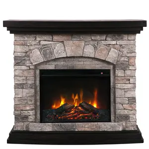 " Electric Fireplace Mantel, Farmhouse TV Stand with Electric Fireplace Heater, Stacked Stone Surround and Remote Control 3D Realistic Flame, White Fireplace for Living Room Bedroom