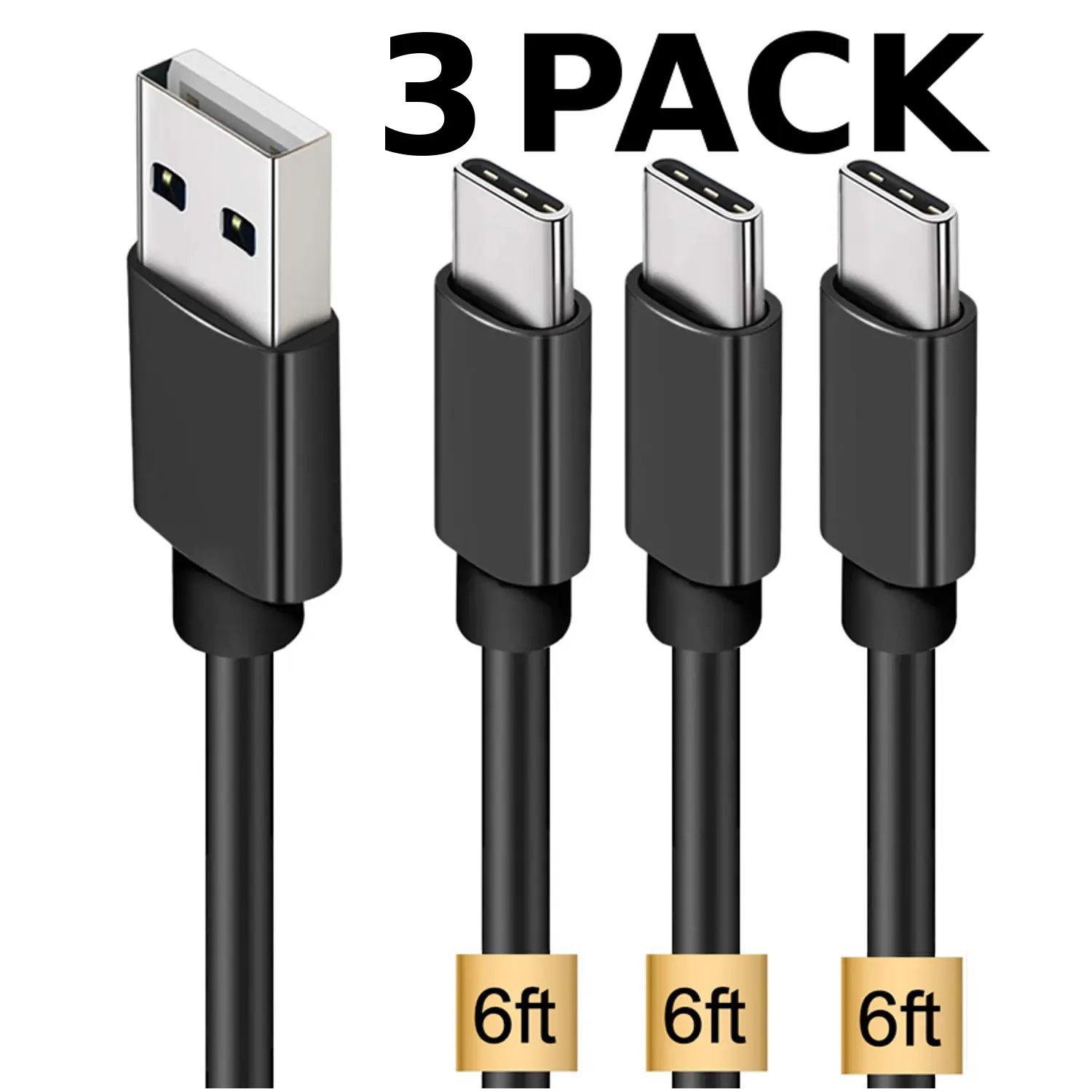 3 Pack Universal 2M 6FT USB to USB-C Cable for Samsung Android USB Type C USB-A to USB C Fast Charge Cable Cord