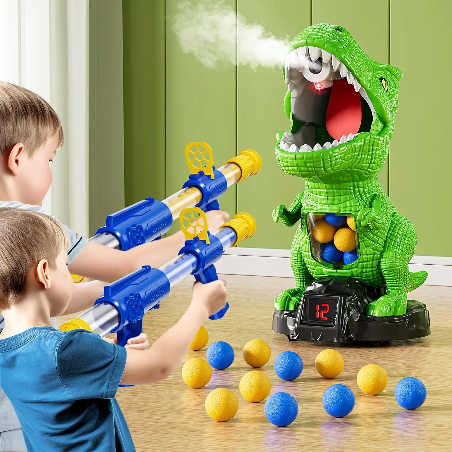 Dinosaur Shooting Toyset for Kids, Sports & Outdoor Archery Equipment with 2 Air Pump Launchers, Movable Target Interactive Competition Gift for 3-8 Year Old Boys & Girls