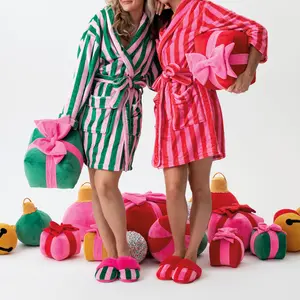 Women Winter Plush Robe Long Sleeve Lapel Tie-up Stripe Heart Candy Triangle Prints Sleepwear Loungewear