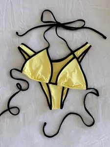 Two-Piece Set Women's Contrast Binding Bikini Set, Casual Halter Neck Triangle Swim Bra & Swim Panty, Ladies Summer Swimsuit for Beach Holiday Vacation