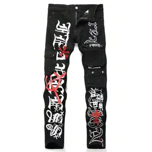 New Black Straight-Leg Wide-Leg Stretch All-Season Streetwear Y2K Vintage Wash Printed Hole-Shaken Lacquered Jeans Men Jeans Para Hombre Menswear Casual Trouser Pants Denim Shoe