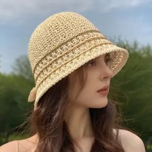 Women's Foldable Straw Bucket Hat, Korean Style Summer Beach Sunhat, UV Protection, Fashionable Sand Hat for Outdoor Activities