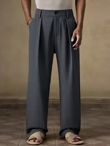 Men's Pleated Dress Pants, Elastic Waist Loose Straight Casual Trousers, Vintage Drape Versatile Long Pants for Daily Commute