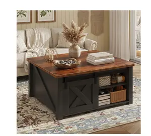 Modern Lift Top Coffee Table with Hidden Storage & Adjustable Shelves, Square Farmhouse Center Table for Living Room, Black