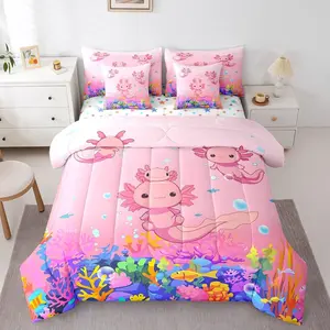 Kids Cute Axolotl 7 Pieces Bedding Set ,Ocean Sealife Comforter Set with Sheets Boys Girls Kawaii Bed in A Bag Cartoon Salamander Teens Bed Set Bedroom Decor 7Pcs