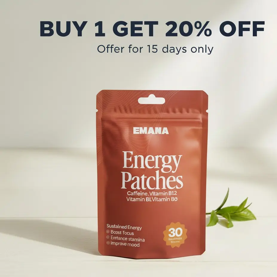 Emana Energy Patches Vitamin B Complex with Caffeine 30 Days Supply for Sustained Energy Boost and Alertness