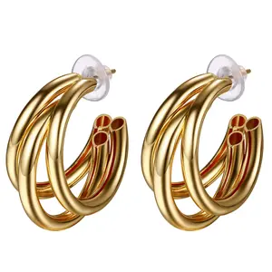 OIDEA Triple Hoop Earrings for Women, Trendy Gold Tone Three Row Open Hoops, 925 Silver Post Hypoallergenic Stacked Hoop Earrings Gift
