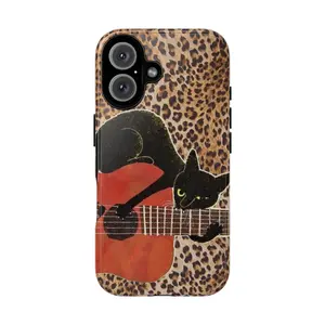 Cool Black Cat with Guitar Tough Phone Case, Stylish Leopard Print Design for Music Lovers, gift for him for her