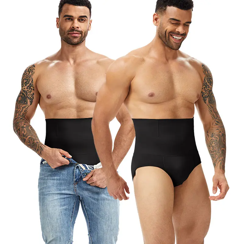 CATTIBOR Menswear Men's Supportive Shapewear Briefs - Tummy Control Compression Boxer Shorts, Belly Girdle Underwear (Beige, Black)