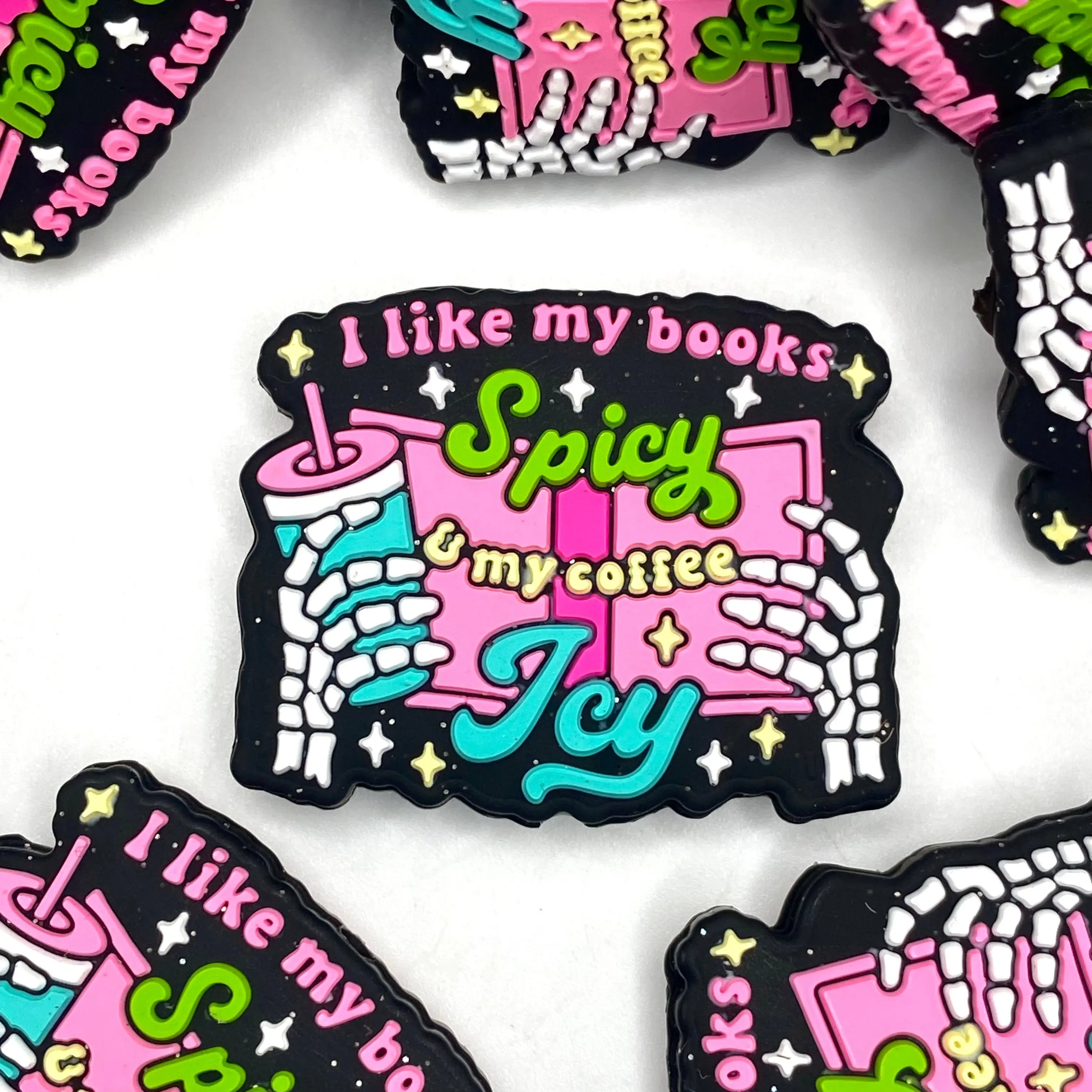 1pc I Like My Books Spicy & My Coffee Icy Silicone Focal Beads - Funny Crafting & Beading Skeleton DIY Supplies