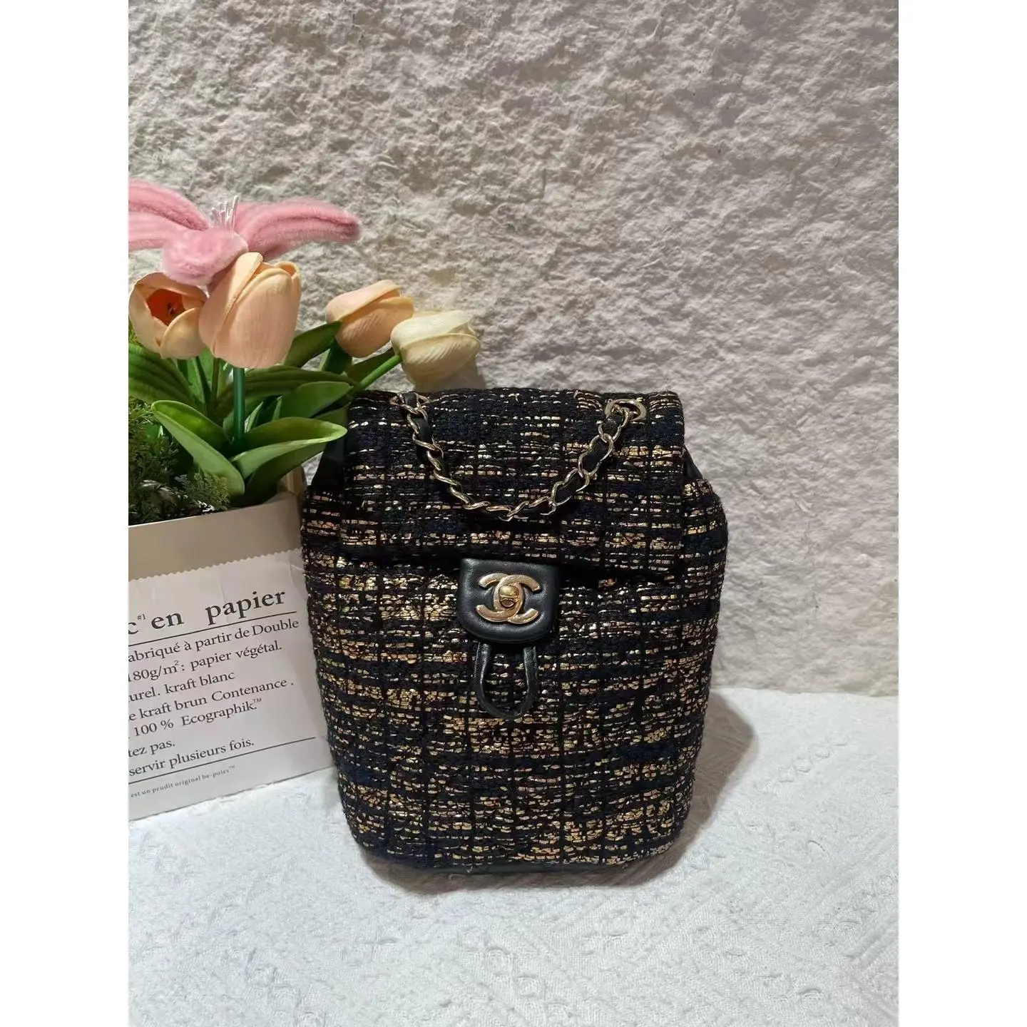 Pre-owned Chanel Backpack in Black and Gold Metallic Tweed with Chain Detail XH044